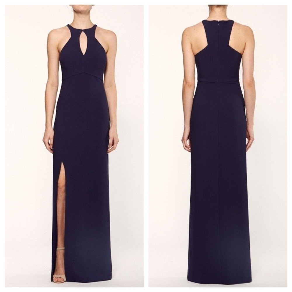 NEW LIKELY Elston Navy Blue Keyhole Neckline Side Slit Formal Maxi Gown Dress